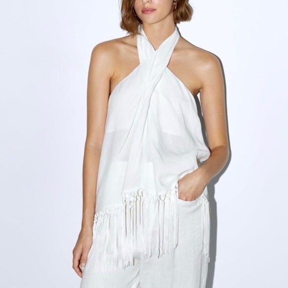 ZARA White Linen Fringe Halter Top - Picture 5 of 6